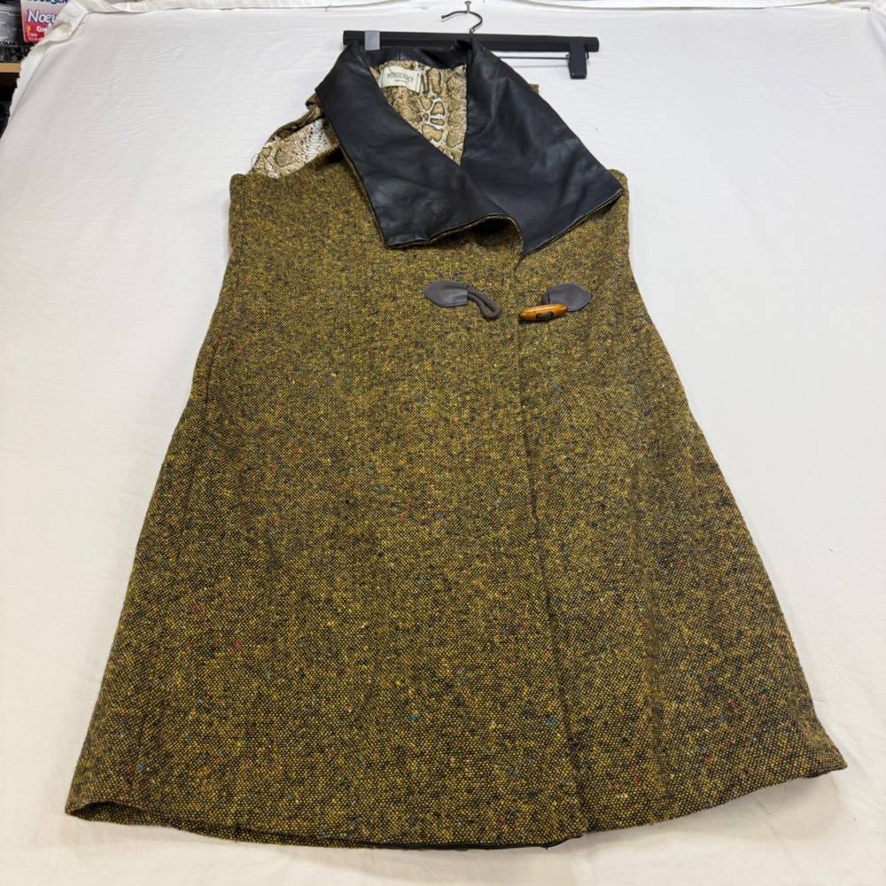 Monocracy Wool Blend Tweed Vest Mustard Yellow Faux Leather Collar Small MJC8002